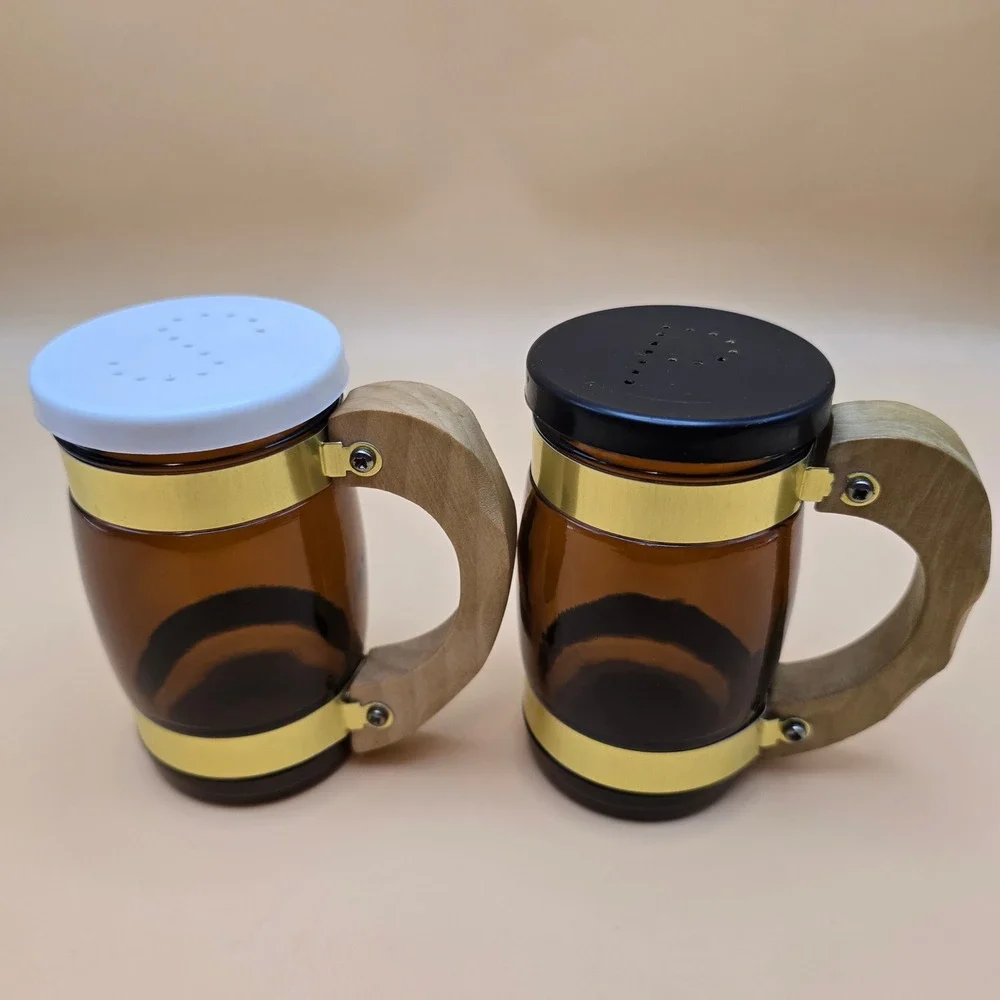 Vintage Amber Glass Beer Stein Salt and Pepper Shakers Wood Handle Gold Trim Set